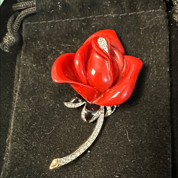 123- Kenneth Jay Lane Red and Silver Rose Brooch - Picture 2 of 6